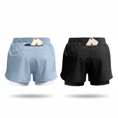 2 pcs QuickGear Men’s Double Layer Shorts Black&blue